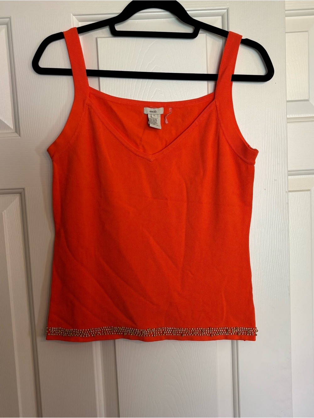 Escio Orange Solid V-Neck Sleeveless Knit Beaded Hem Tank Top Pullover Womens L